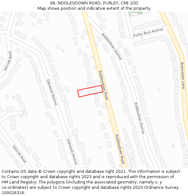 98, RIDDLESDOWN ROAD, PURLEY, CR8 1DD: Location map and indicative extent of plot