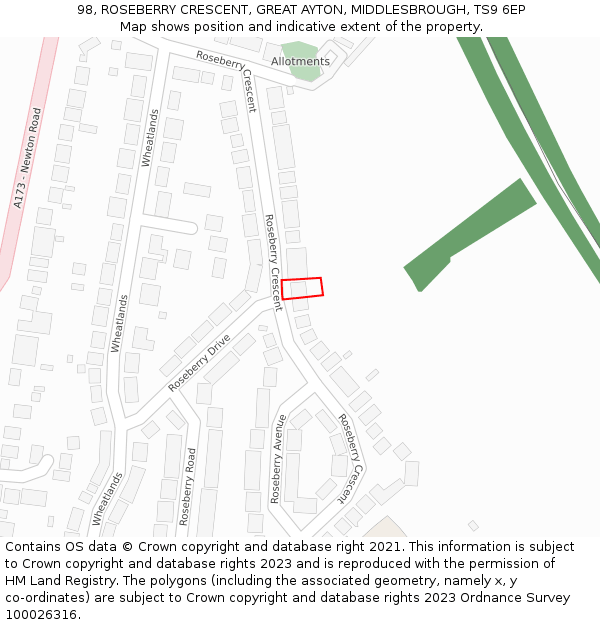 98, ROSEBERRY CRESCENT, GREAT AYTON, MIDDLESBROUGH, TS9 6EP: Location map and indicative extent of plot