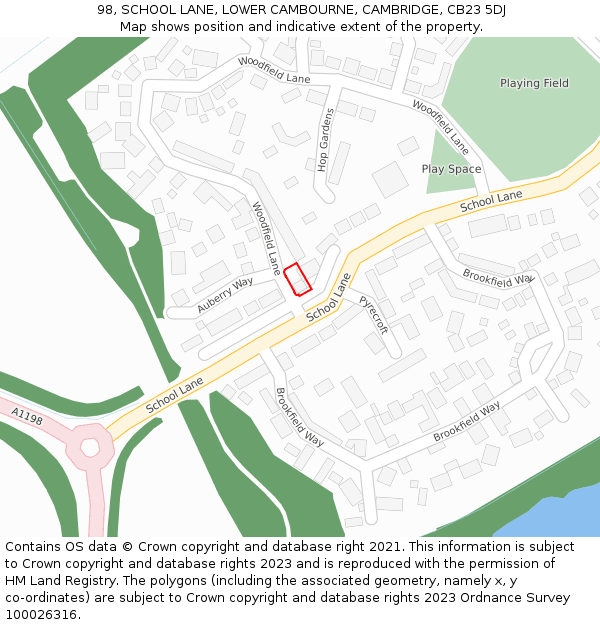 98, SCHOOL LANE, LOWER CAMBOURNE, CAMBRIDGE, CB23 5DJ: Location map and indicative extent of plot