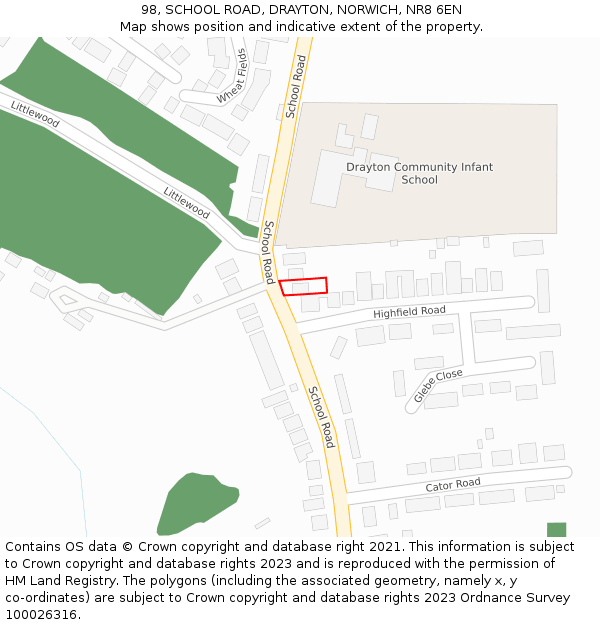 98, SCHOOL ROAD, DRAYTON, NORWICH, NR8 6EN: Location map and indicative extent of plot