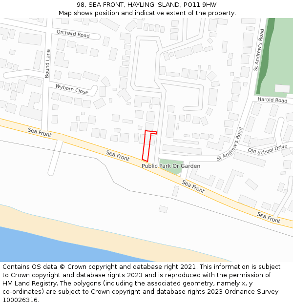 98, SEA FRONT, HAYLING ISLAND, PO11 9HW: Location map and indicative extent of plot