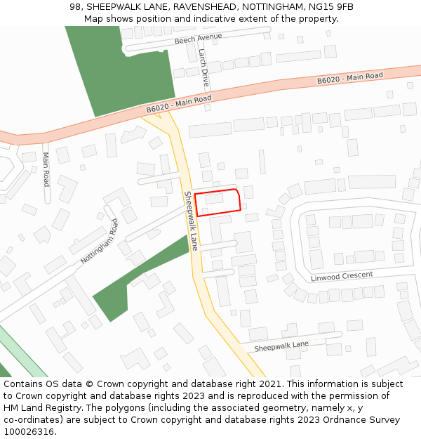 98, SHEEPWALK LANE, RAVENSHEAD, NOTTINGHAM, NG15 9FB: Location map and indicative extent of plot