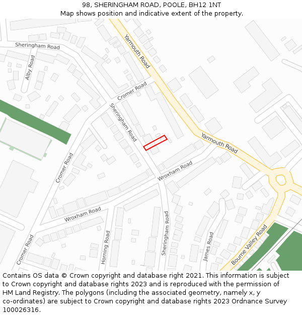 98, SHERINGHAM ROAD, POOLE, BH12 1NT: Location map and indicative extent of plot