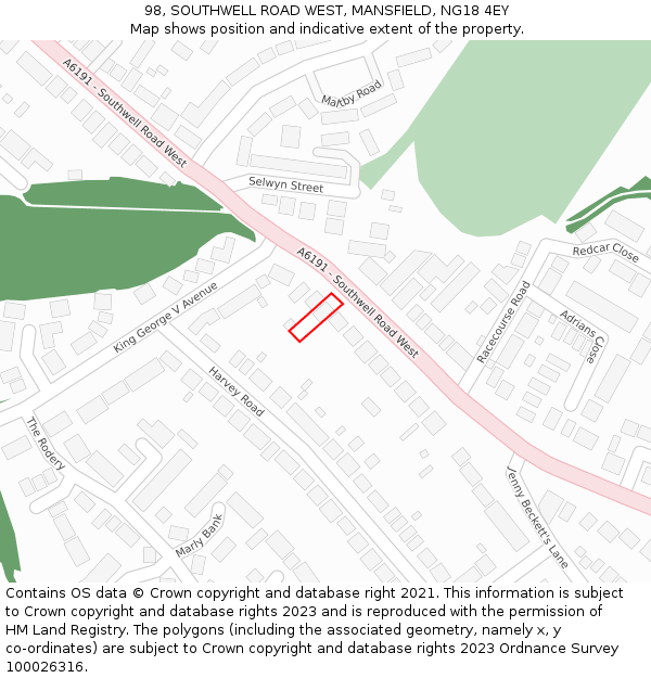 98, SOUTHWELL ROAD WEST, MANSFIELD, NG18 4EY: Location map and indicative extent of plot