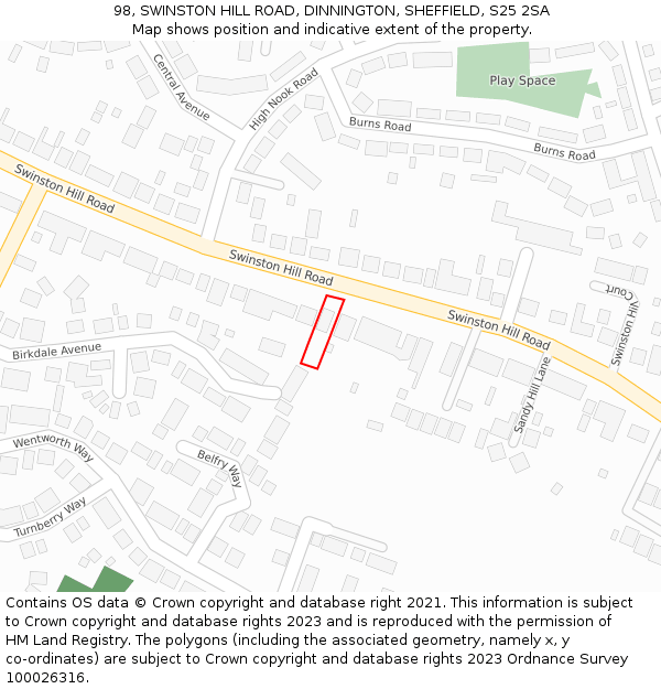 98, SWINSTON HILL ROAD, DINNINGTON, SHEFFIELD, S25 2SA: Location map and indicative extent of plot