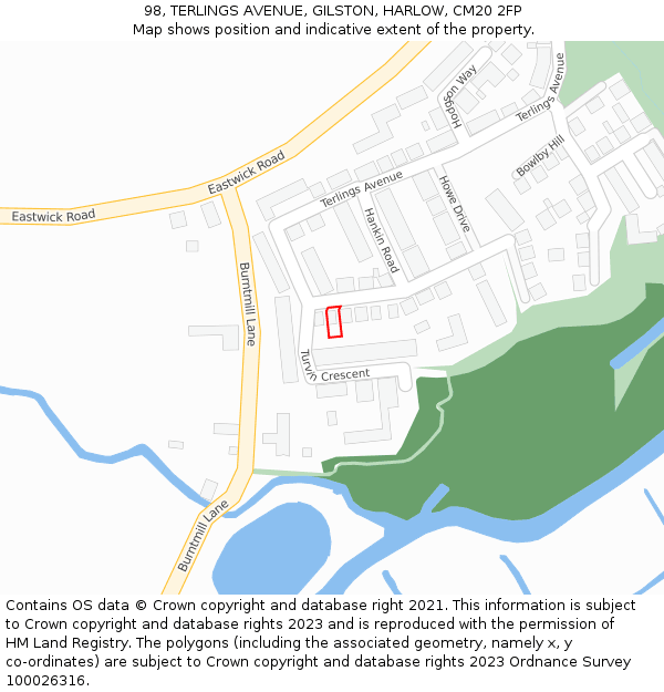 98, TERLINGS AVENUE, GILSTON, HARLOW, CM20 2FP: Location map and indicative extent of plot