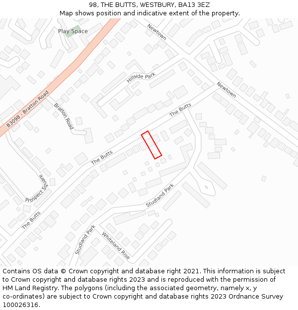 98, THE BUTTS, WESTBURY, BA13 3EZ: Location map and indicative extent of plot