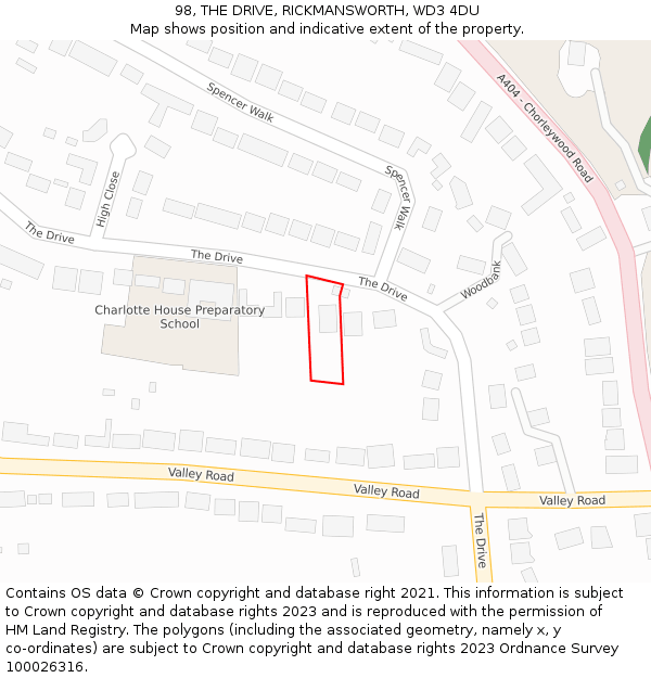 98, THE DRIVE, RICKMANSWORTH, WD3 4DU: Location map and indicative extent of plot