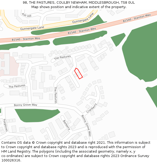 98, THE PASTURES, COULBY NEWHAM, MIDDLESBROUGH, TS8 0UL: Location map and indicative extent of plot