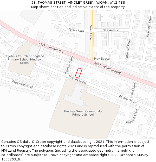 98, THOMAS STREET, HINDLEY GREEN, WIGAN, WN2 4SS: Location map and indicative extent of plot