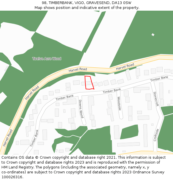 98, TIMBERBANK, VIGO, GRAVESEND, DA13 0SW: Location map and indicative extent of plot