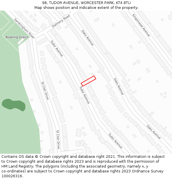 98, TUDOR AVENUE, WORCESTER PARK, KT4 8TU: Location map and indicative extent of plot