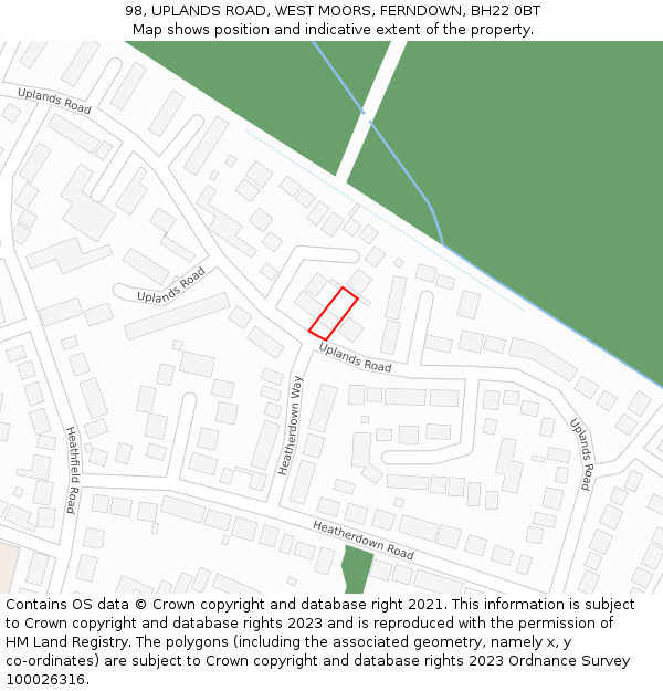 98, UPLANDS ROAD, WEST MOORS, FERNDOWN, BH22 0BT: Location map and indicative extent of plot