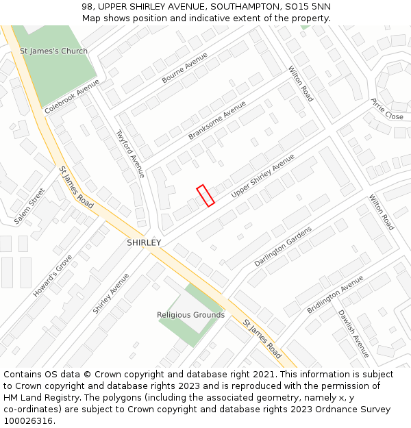 98, UPPER SHIRLEY AVENUE, SOUTHAMPTON, SO15 5NN: Location map and indicative extent of plot