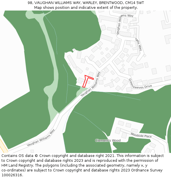 98, VAUGHAN WILLIAMS WAY, WARLEY, BRENTWOOD, CM14 5WT: Location map and indicative extent of plot