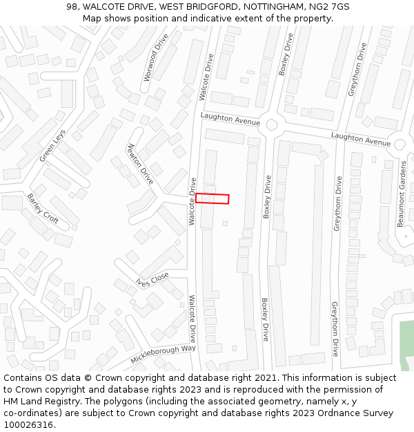 98, WALCOTE DRIVE, WEST BRIDGFORD, NOTTINGHAM, NG2 7GS: Location map and indicative extent of plot