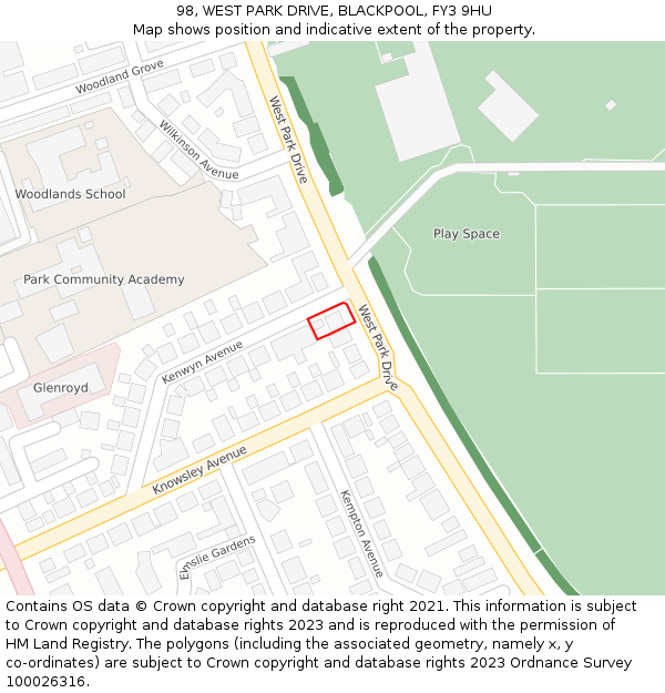 98, WEST PARK DRIVE, BLACKPOOL, FY3 9HU: Location map and indicative extent of plot