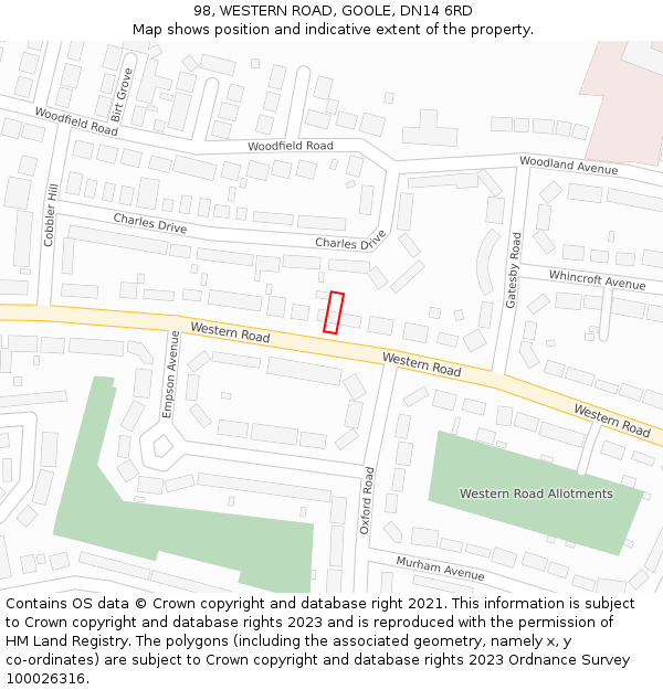 98, WESTERN ROAD, GOOLE, DN14 6RD: Location map and indicative extent of plot