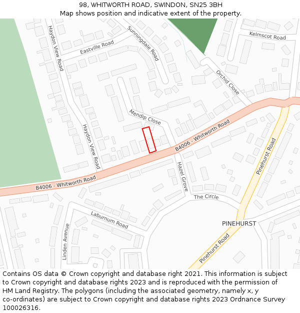 98, WHITWORTH ROAD, SWINDON, SN25 3BH: Location map and indicative extent of plot