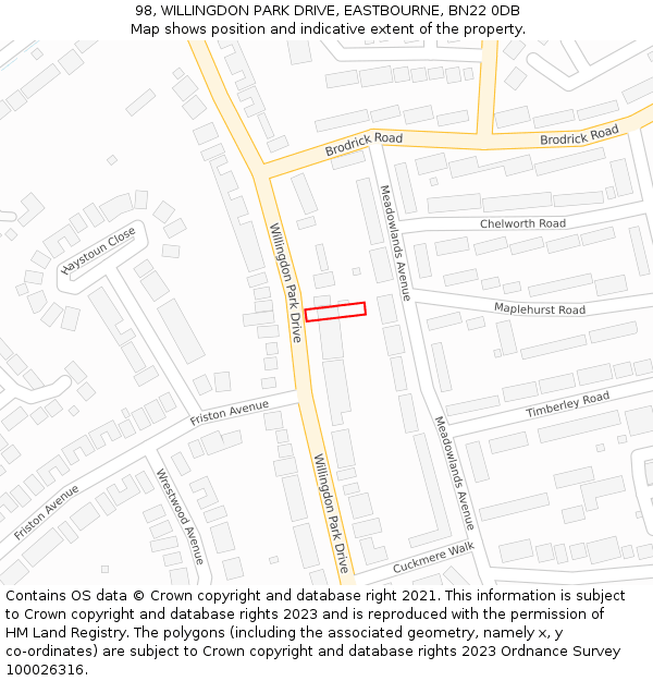 98, WILLINGDON PARK DRIVE, EASTBOURNE, BN22 0DB: Location map and indicative extent of plot