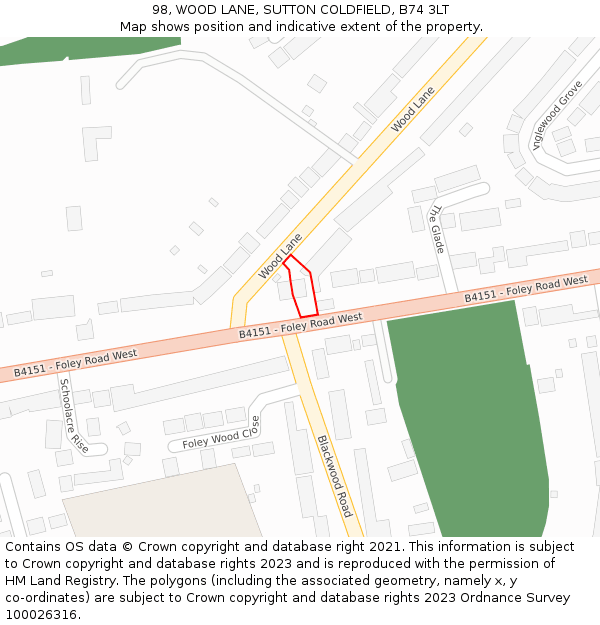 98, WOOD LANE, SUTTON COLDFIELD, B74 3LT: Location map and indicative extent of plot