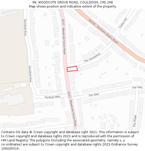 98, WOODCOTE GROVE ROAD, COULSDON, CR5 2AE: Location map and indicative extent of plot