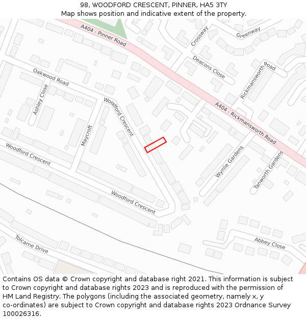 98, WOODFORD CRESCENT, PINNER, HA5 3TY: Location map and indicative extent of plot