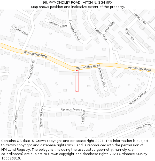 98, WYMONDLEY ROAD, HITCHIN, SG4 9PX: Location map and indicative extent of plot