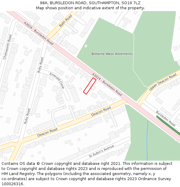 98A, BURSLEDON ROAD, SOUTHAMPTON, SO19 7LZ: Location map and indicative extent of plot