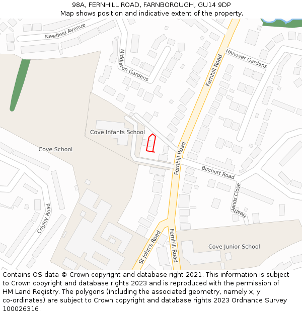 98A, FERNHILL ROAD, FARNBOROUGH, GU14 9DP: Location map and indicative extent of plot
