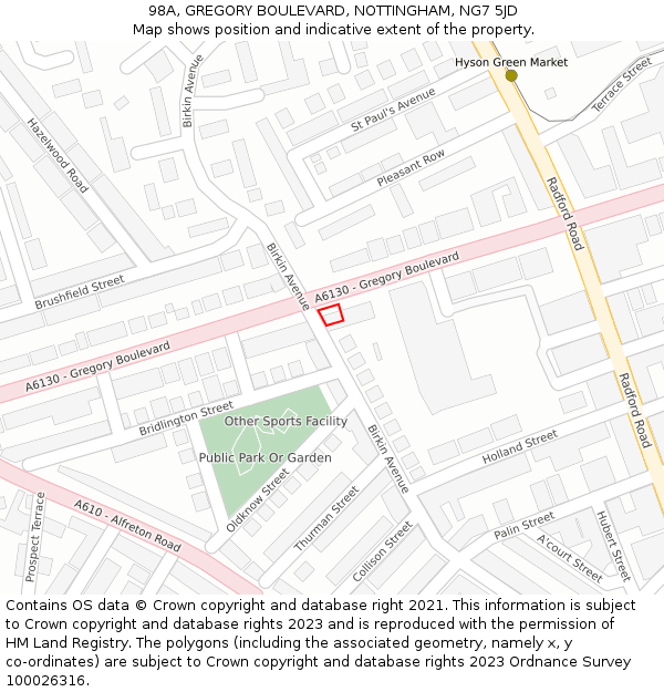 98A, GREGORY BOULEVARD, NOTTINGHAM, NG7 5JD: Location map and indicative extent of plot