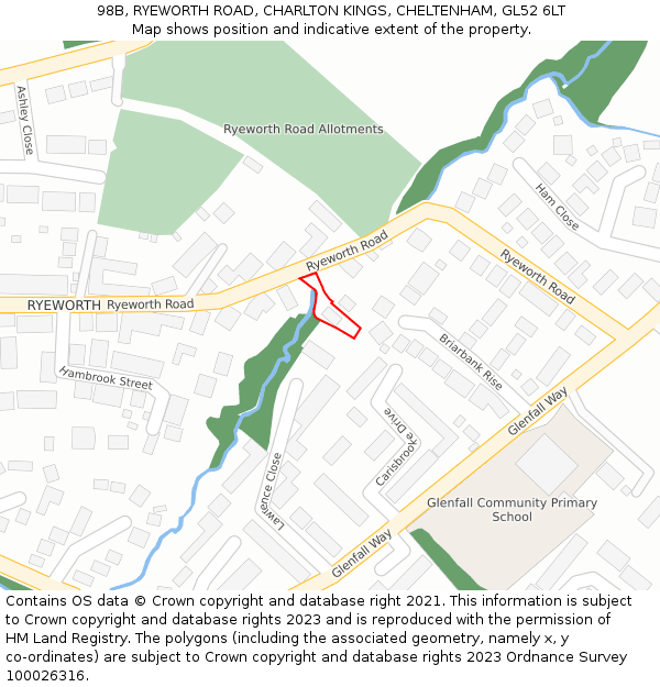 98B, RYEWORTH ROAD, CHARLTON KINGS, CHELTENHAM, GL52 6LT: Location map and indicative extent of plot