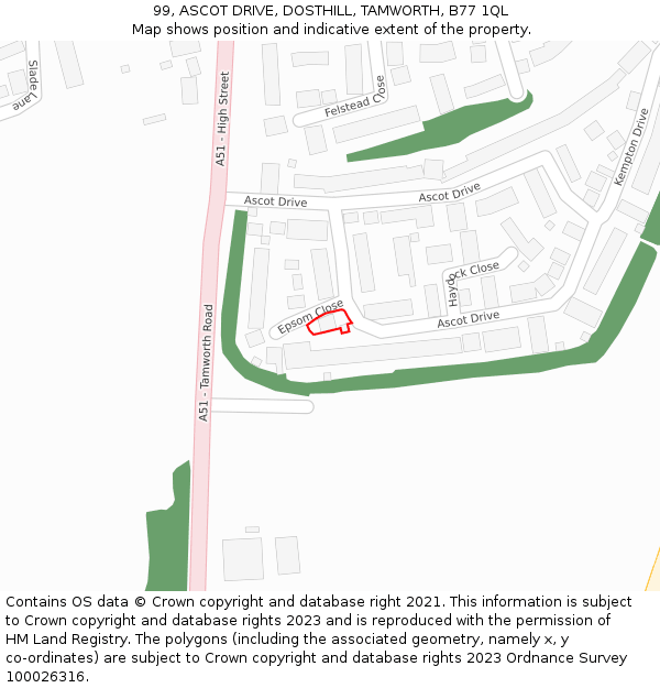 99, ASCOT DRIVE, DOSTHILL, TAMWORTH, B77 1QL: Location map and indicative extent of plot