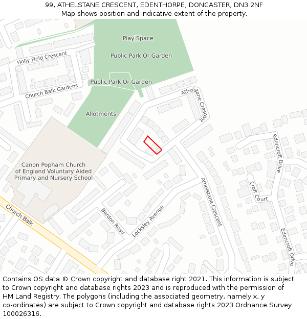 99, ATHELSTANE CRESCENT, EDENTHORPE, DONCASTER, DN3 2NF: Location map and indicative extent of plot