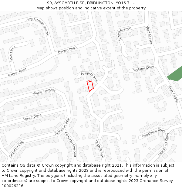 99, AYSGARTH RISE, BRIDLINGTON, YO16 7HU: Location map and indicative extent of plot