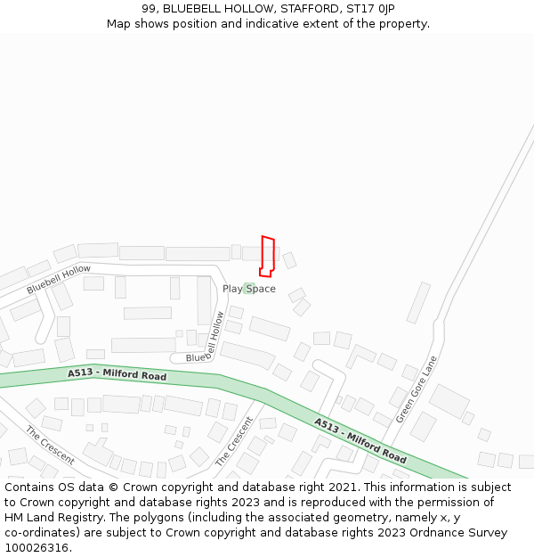 99, BLUEBELL HOLLOW, STAFFORD, ST17 0JP: Location map and indicative extent of plot