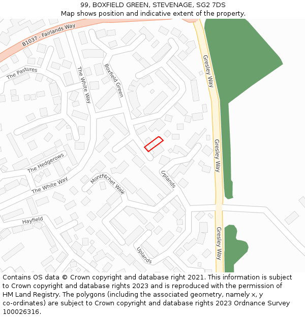 99, BOXFIELD GREEN, STEVENAGE, SG2 7DS: Location map and indicative extent of plot