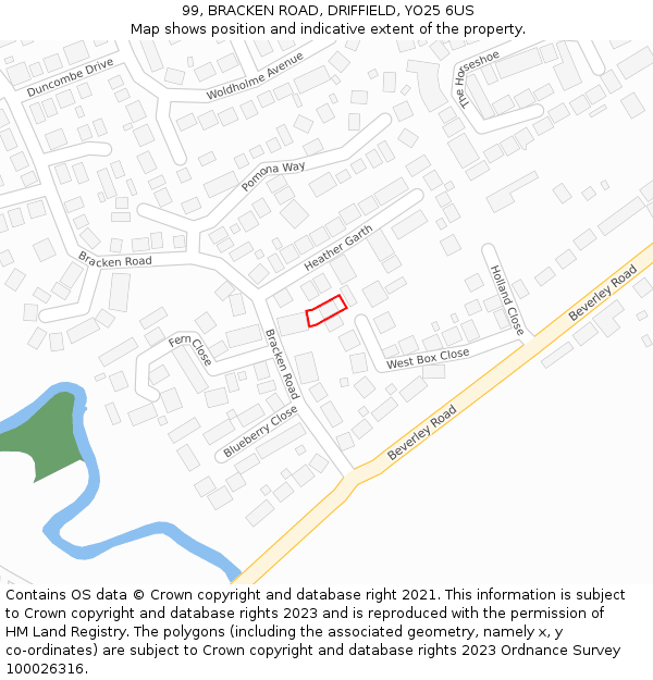 99, BRACKEN ROAD, DRIFFIELD, YO25 6US: Location map and indicative extent of plot