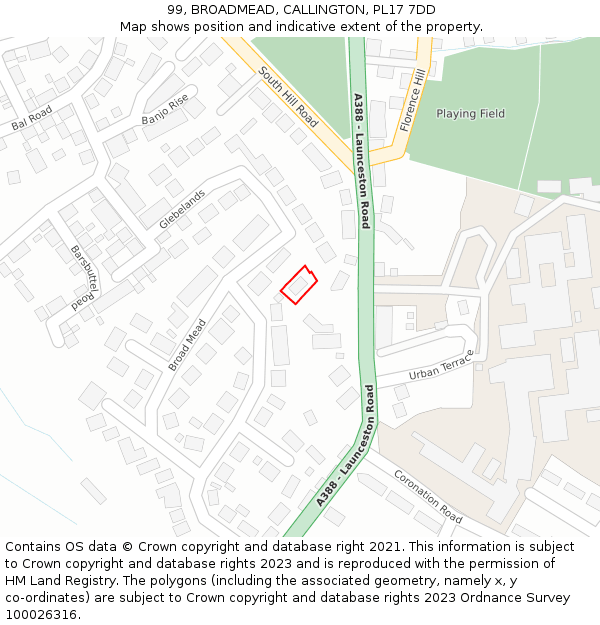 99, BROADMEAD, CALLINGTON, PL17 7DD: Location map and indicative extent of plot