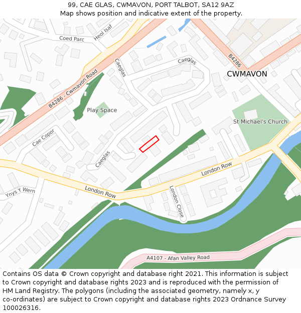 99, CAE GLAS, CWMAVON, PORT TALBOT, SA12 9AZ: Location map and indicative extent of plot