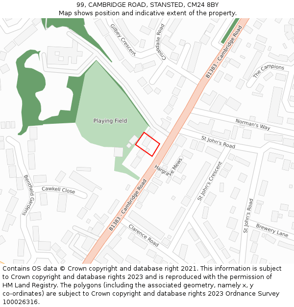 99, CAMBRIDGE ROAD, STANSTED, CM24 8BY: Location map and indicative extent of plot