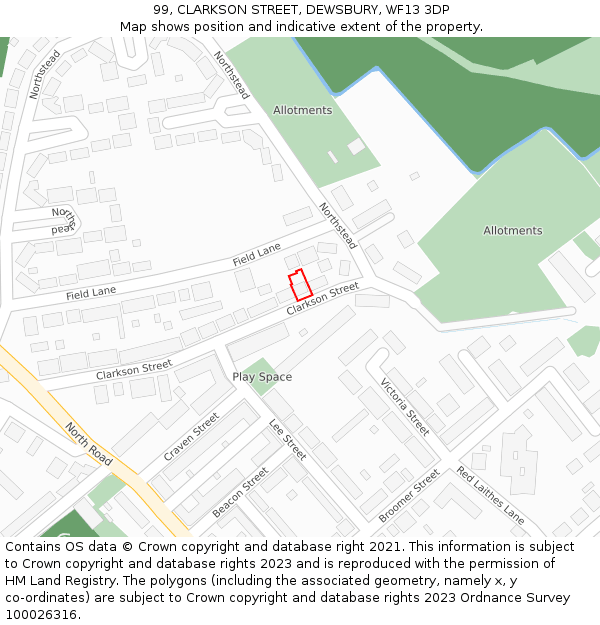 99, CLARKSON STREET, DEWSBURY, WF13 3DP: Location map and indicative extent of plot