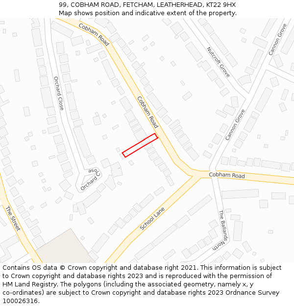 99, COBHAM ROAD, FETCHAM, LEATHERHEAD, KT22 9HX: Location map and indicative extent of plot