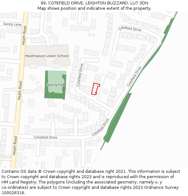 99, COTEFIELD DRIVE, LEIGHTON BUZZARD, LU7 3DN: Location map and indicative extent of plot