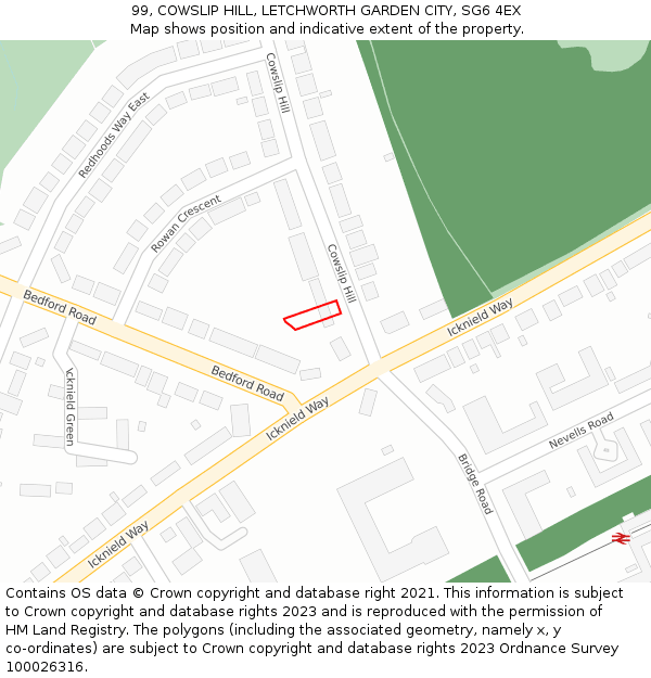 99, COWSLIP HILL, LETCHWORTH GARDEN CITY, SG6 4EX: Location map and indicative extent of plot