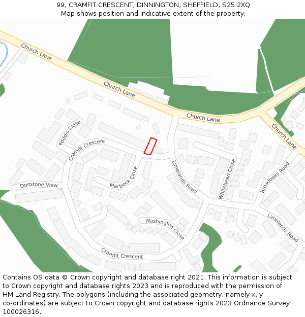 99, CRAMFIT CRESCENT, DINNINGTON, SHEFFIELD, S25 2XQ: Location map and indicative extent of plot