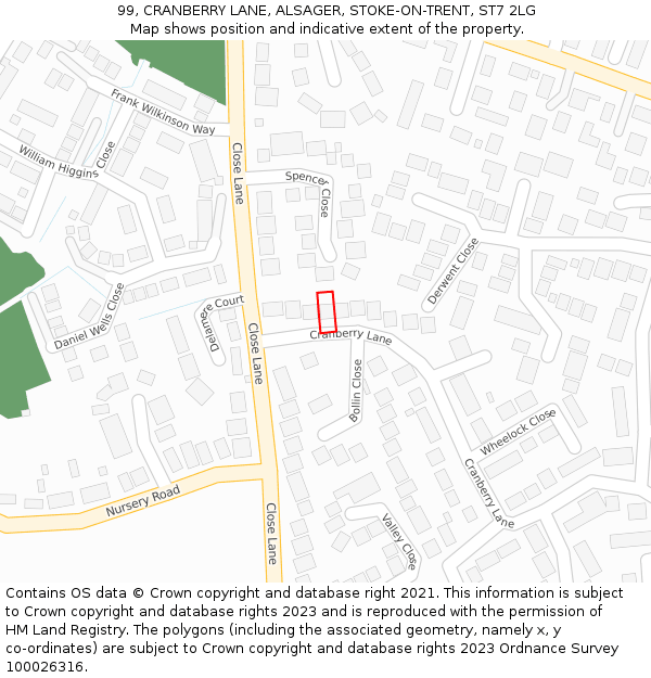 99, CRANBERRY LANE, ALSAGER, STOKE-ON-TRENT, ST7 2LG: Location map and indicative extent of plot