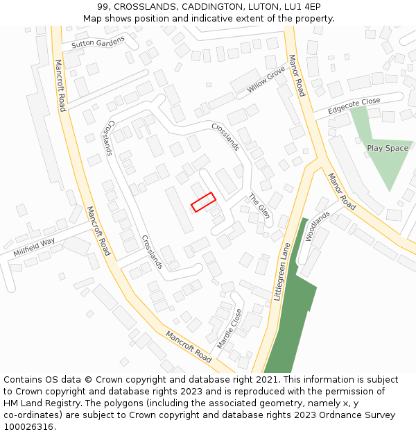 99, CROSSLANDS, CADDINGTON, LUTON, LU1 4EP: Location map and indicative extent of plot