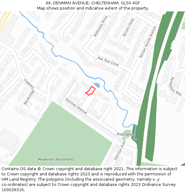 99, DENMAN AVENUE, CHELTENHAM, GL50 4GF: Location map and indicative extent of plot