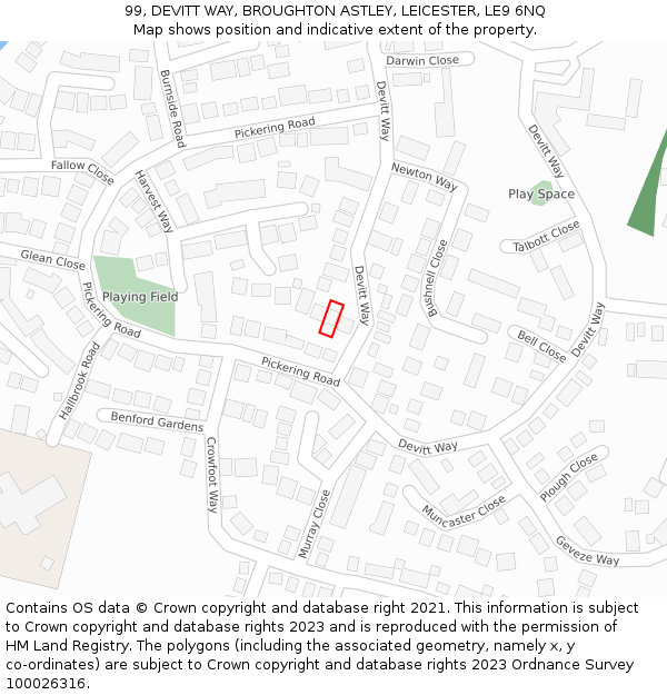 99, DEVITT WAY, BROUGHTON ASTLEY, LEICESTER, LE9 6NQ: Location map and indicative extent of plot